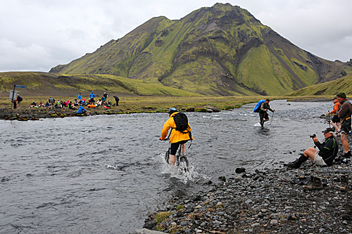 Bicycling Across a River -Laugavegur/Landmannalaugar Trek, Iceland